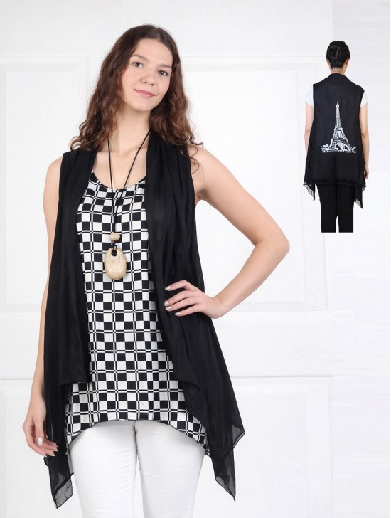 Patterned Printed Fashion Tops W/ Coconut Buttons, Cardigan and Gemstone Necklace Set (CL1142+CL1678+M035)